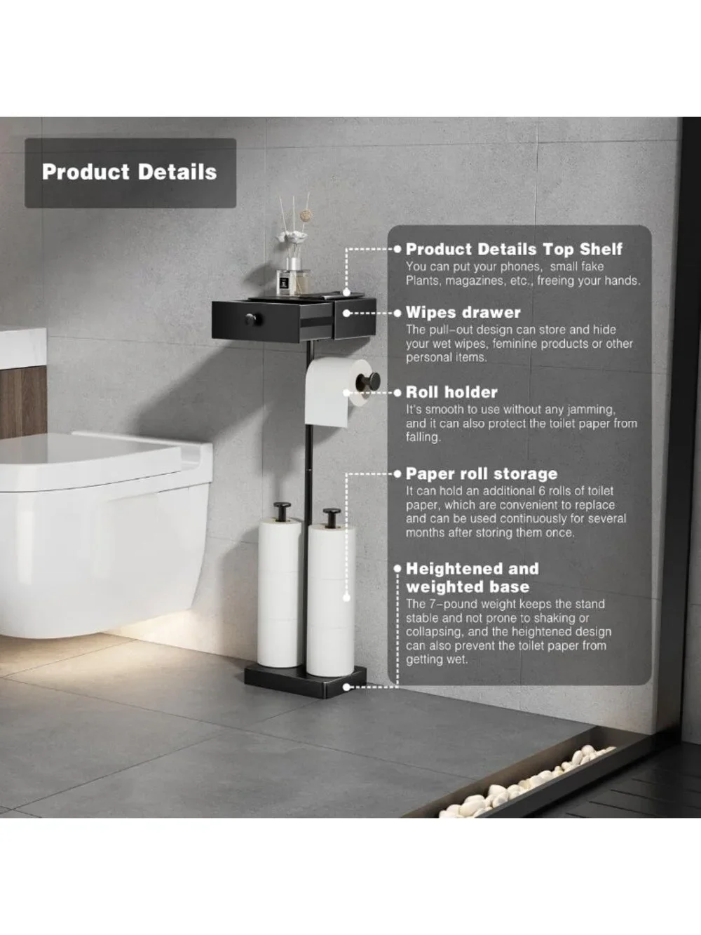 Freestanding Black Toilet Paper Holder with Shelf & Wipes Drawer - Heavy Duty